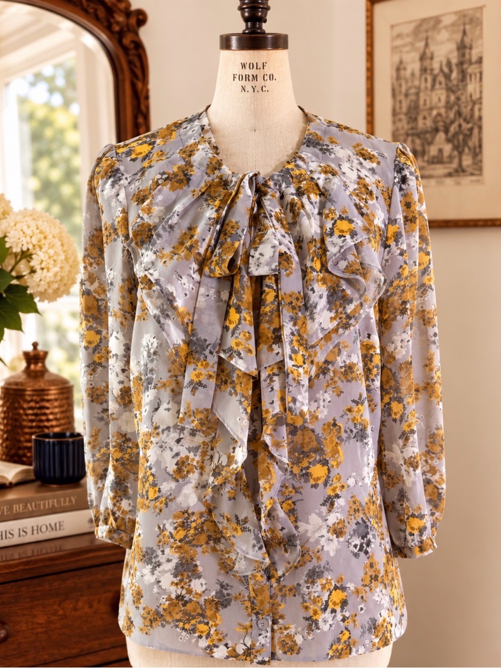 ELLE Floral Ruffle Tie Neck Blouse Gray Mustard Medium